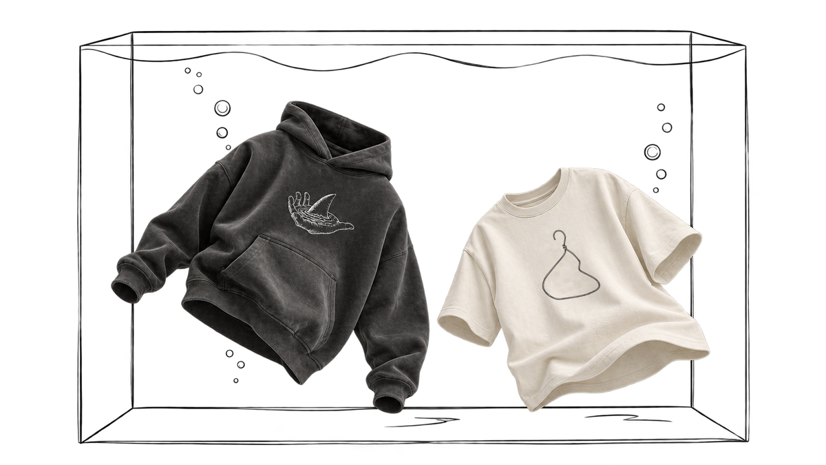 Odd Habit aquarium campaign with the Still Water hoodie and Closed Circuit cream tee. The retired character graphic has been replaced with the approved hanger drawing. Transparent editorial digital mockup, not a production photograph.