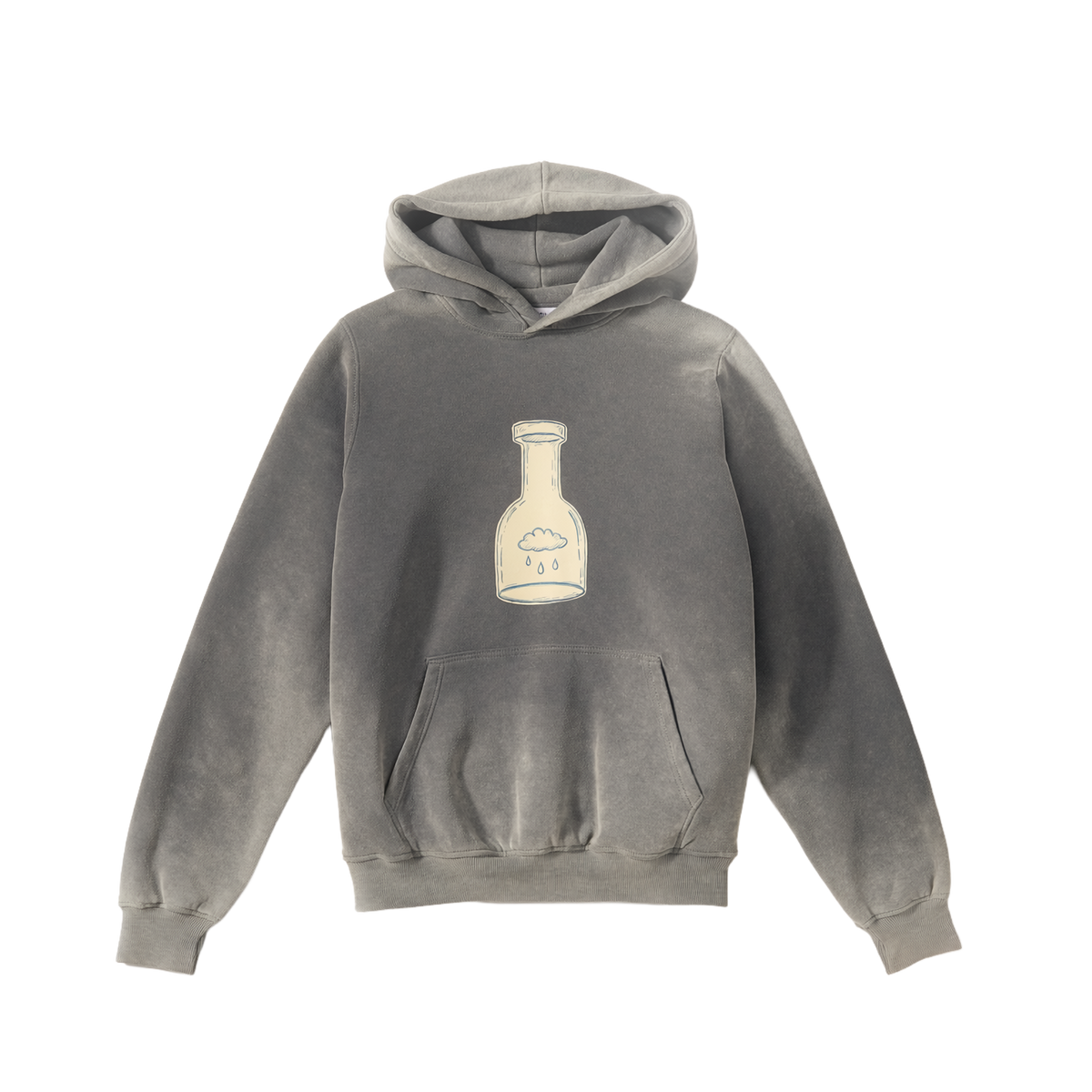 Bottled Weather washed charcoal hoodie with a pale line-art bottle containing a small rain cloud and three drops — Odd Habit digital preview.