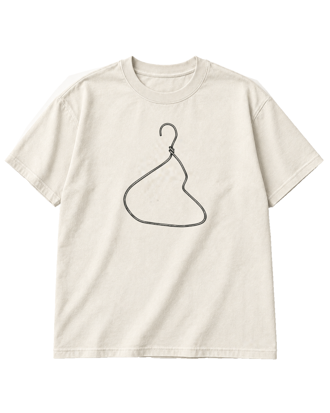 Closed Circuit Tee in Cream — front digital concept mockup with the same approved distorted wire-hanger drawing in black ink; transparent background.