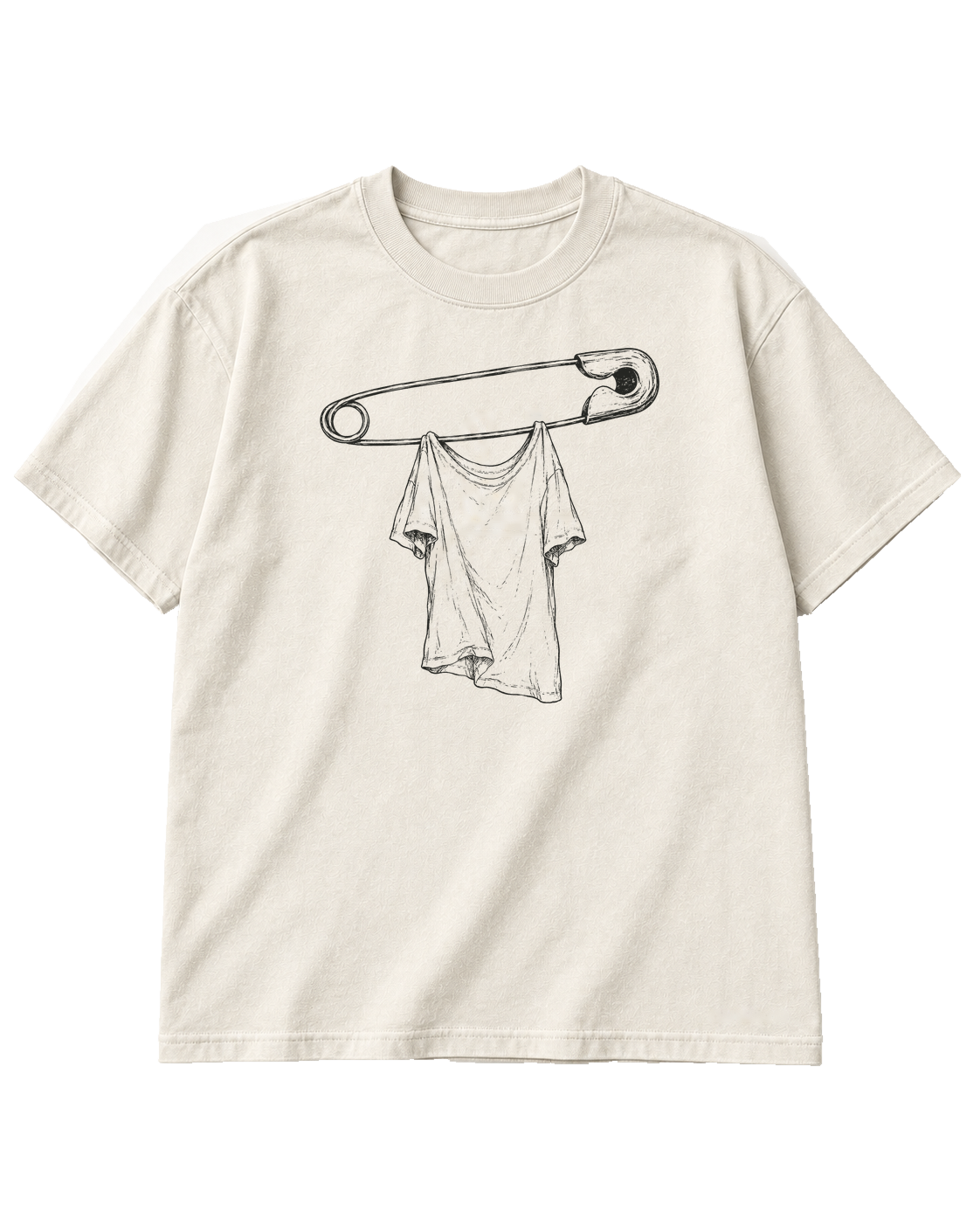 Holding Pattern cream graphic tee with an oversized safety pin suspending a shirt — Odd Habit digital preview.