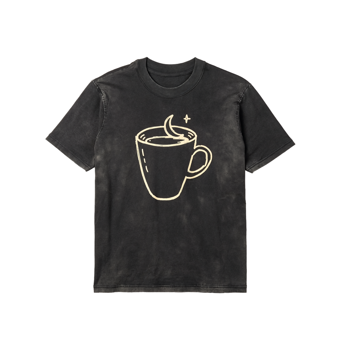 Night Shift washed black graphic tee with a cream line-art coffee mug, crescent moon and small star — Odd Habit digital preview.