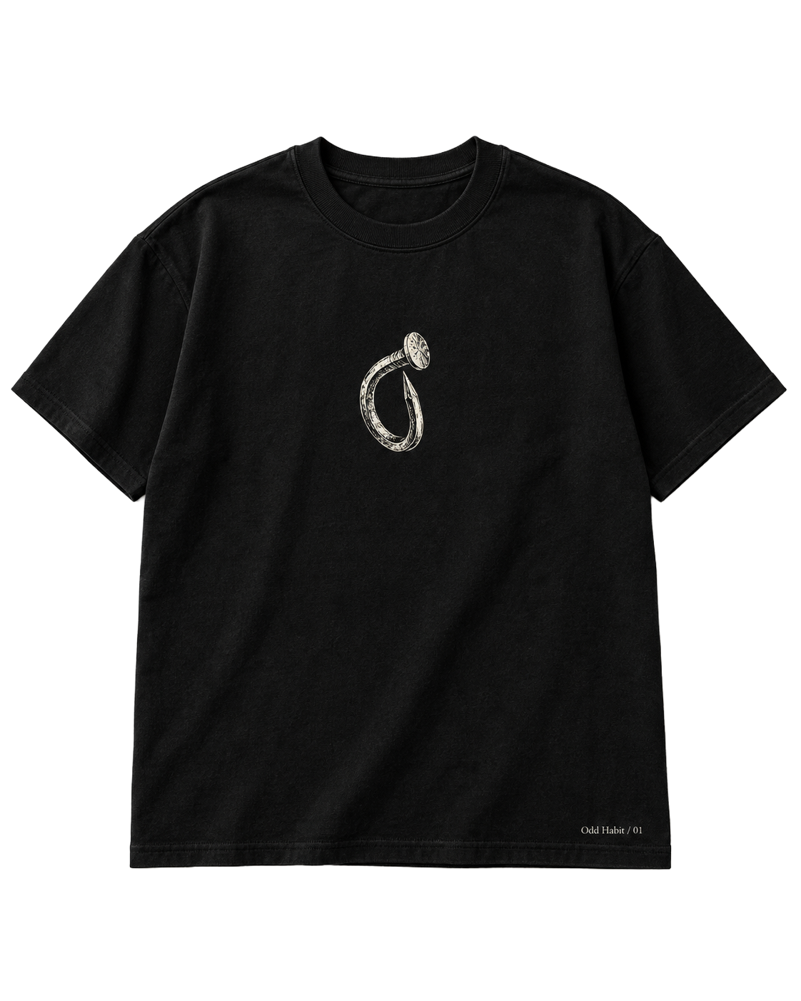 Nothing to Hold black graphic tee with a bent nail line-art design — Odd Habit digital preview.