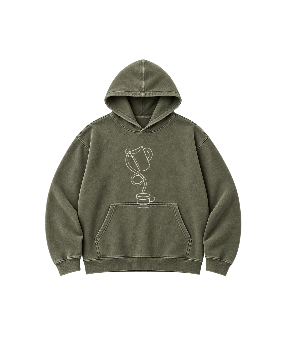 Slow Pour olive graphic hoodie with a pitcher pouring a looping knotted stream into a cup — Odd Habit digital preview.