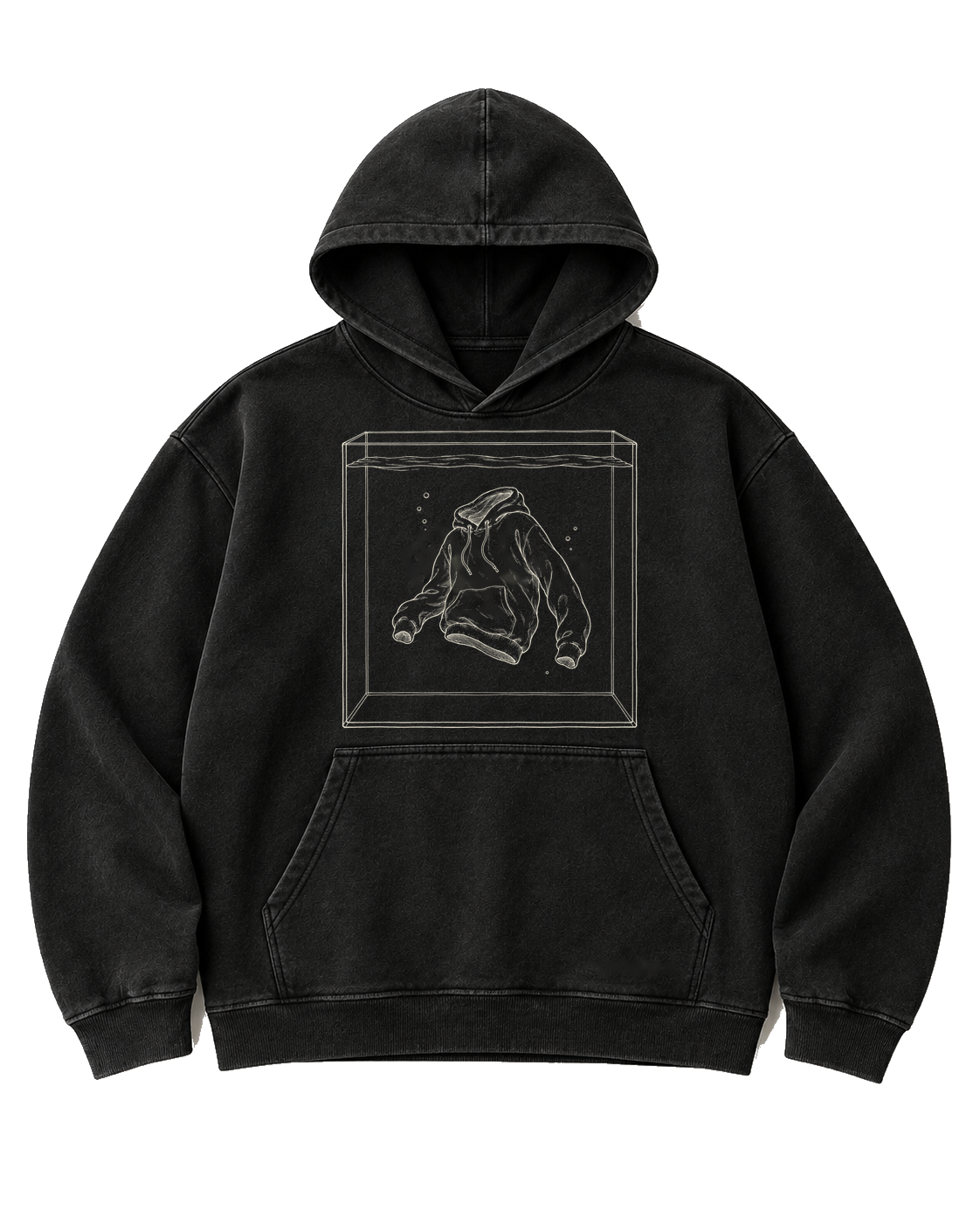 Still Air charcoal graphic hoodie with a hoodie floating inside a drawn aquarium — Odd Habit digital preview.