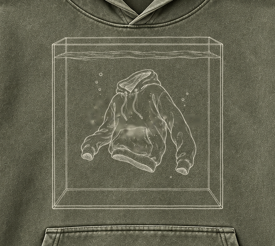 Still Air Hoodie in Olive — artwork detail cropped from the same mockup, not a production photograph.