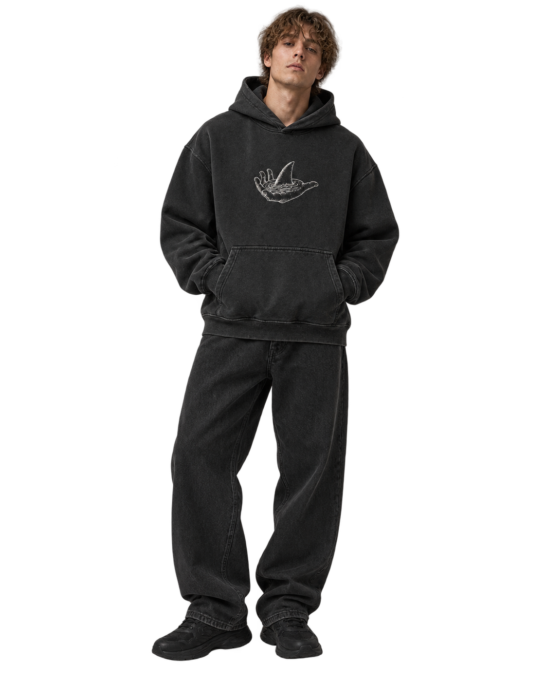 Model wearing Still Water Hoodie in Charcoal, full-length front view. Transparent AI-generated styling preview; fit, wash and print scale are illustrative.