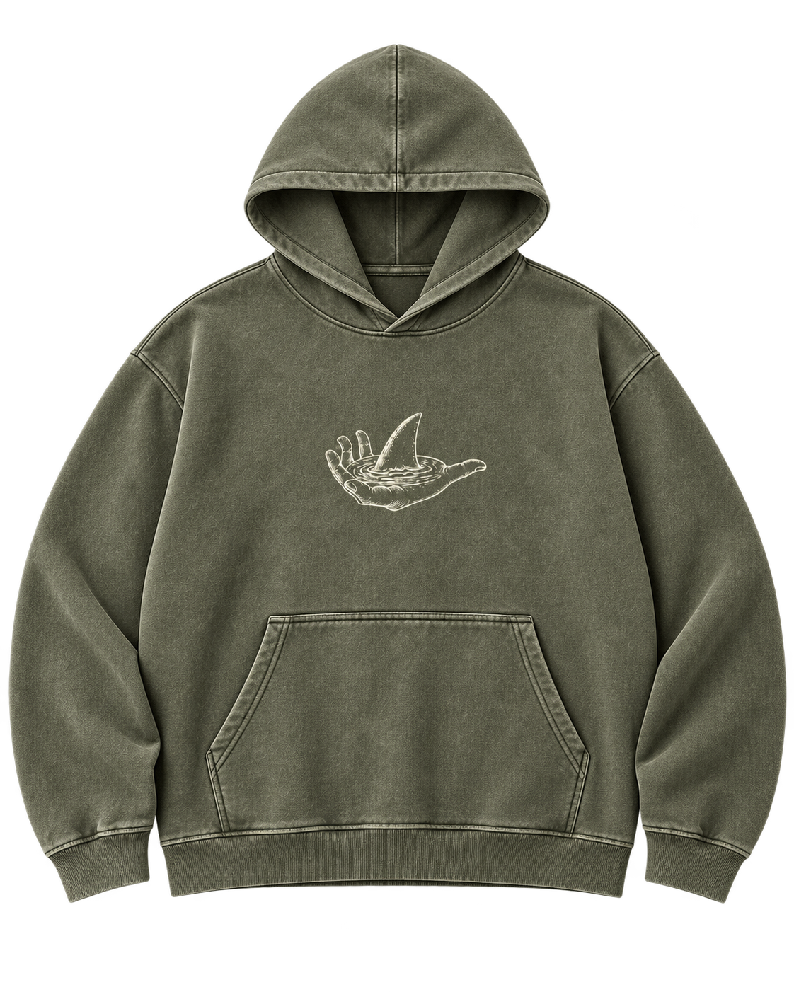 Still Water Hoodie — Olive color, transparent AI concept mockup. Illustrative color, fit and print placement.