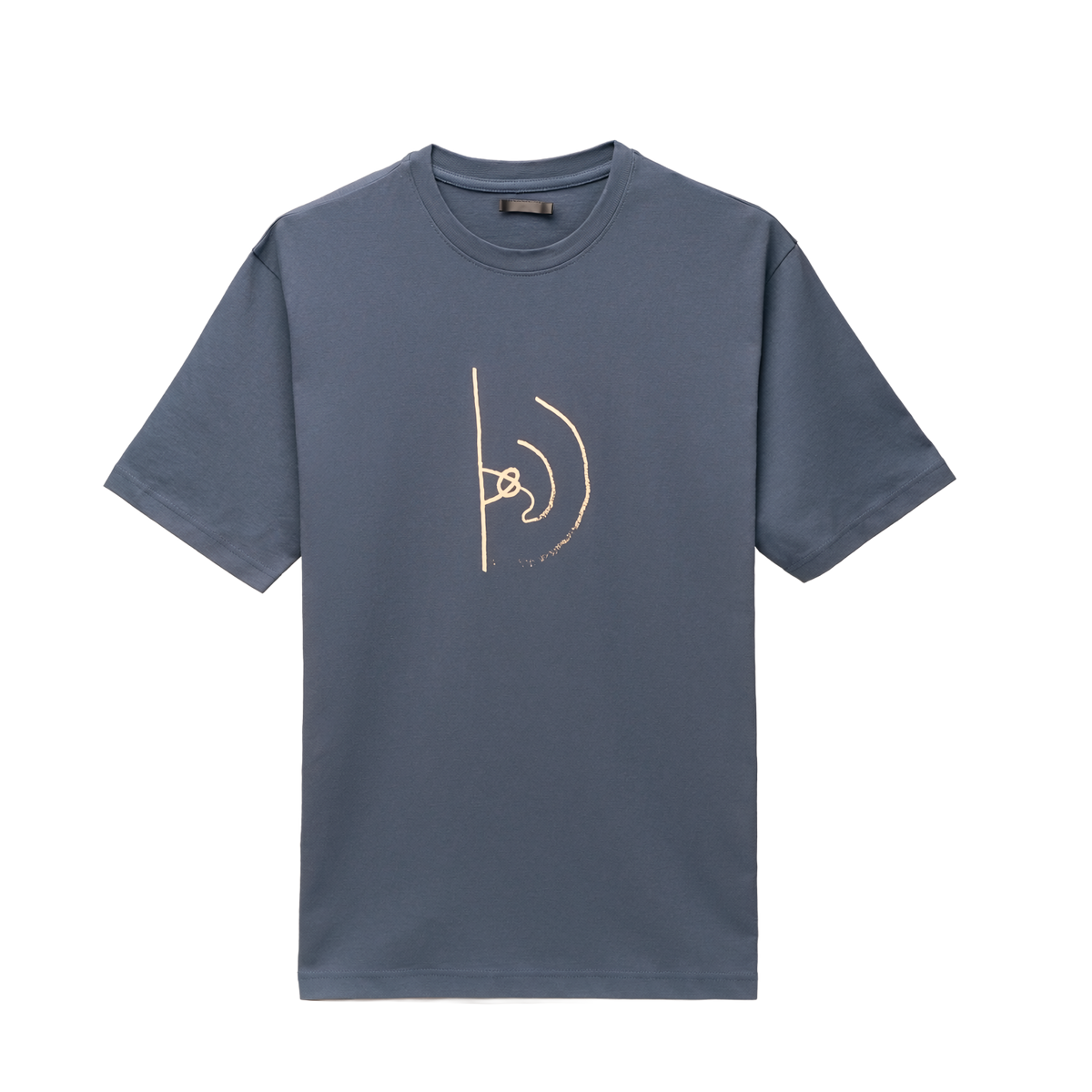 Weak Reception deep slate-blue graphic tee with a cream line-art antenna and signal waves tied into a knot — Odd Habit digital preview.