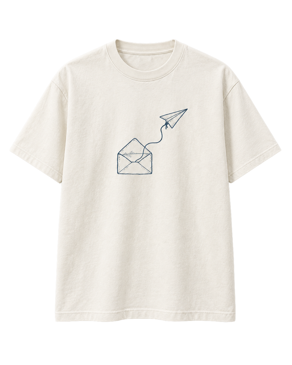 Soft Signal by Odd Habit: the Dead Letter cream graphic tee with blue envelope and paper airplane artwork. Clean tag-free digital mockup on a transparent background.
