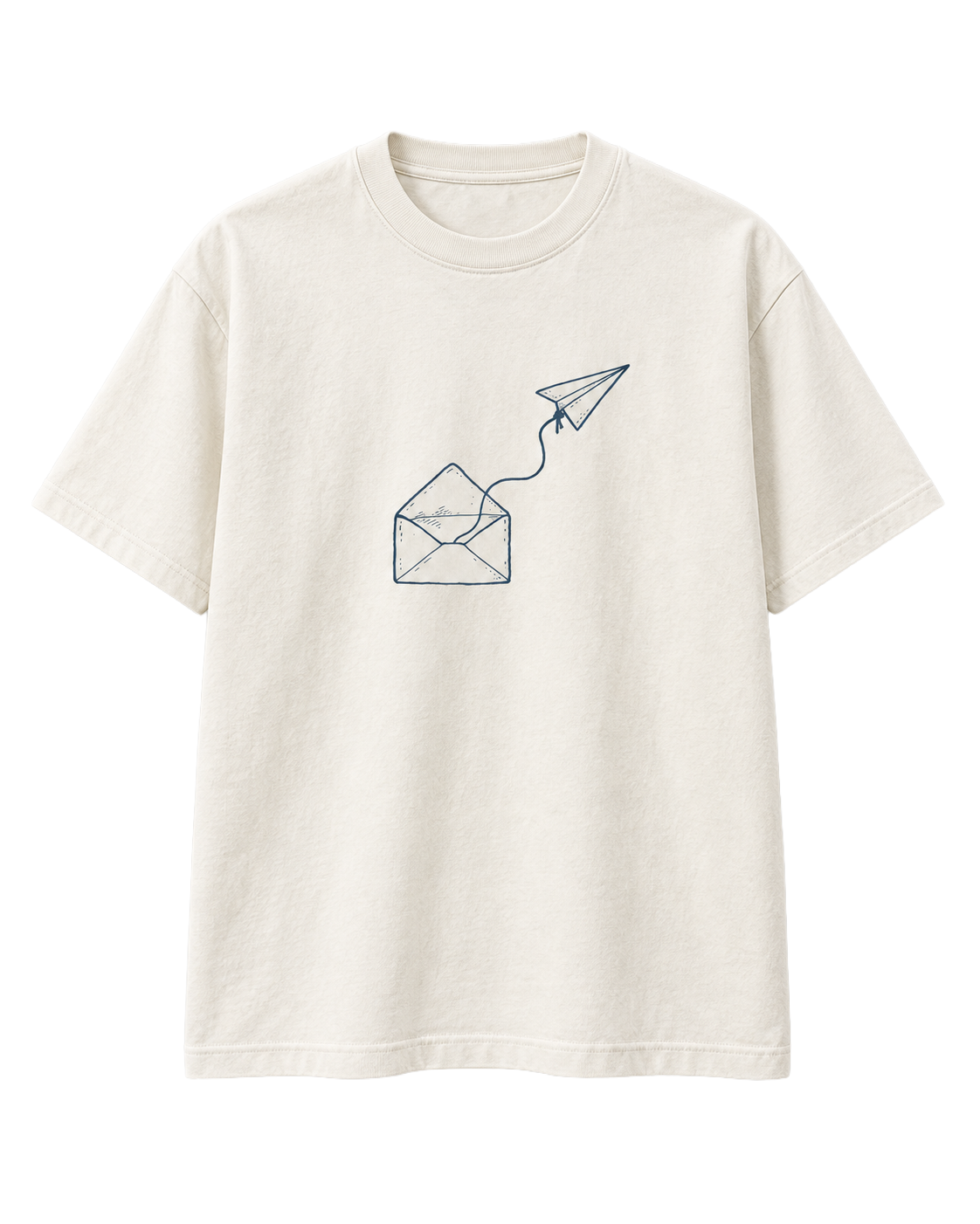 Odd Habit Dead Letter cream graphic tee with a blue envelope and tethered paper airplane. Tag-free front digital mockup on a transparent background.