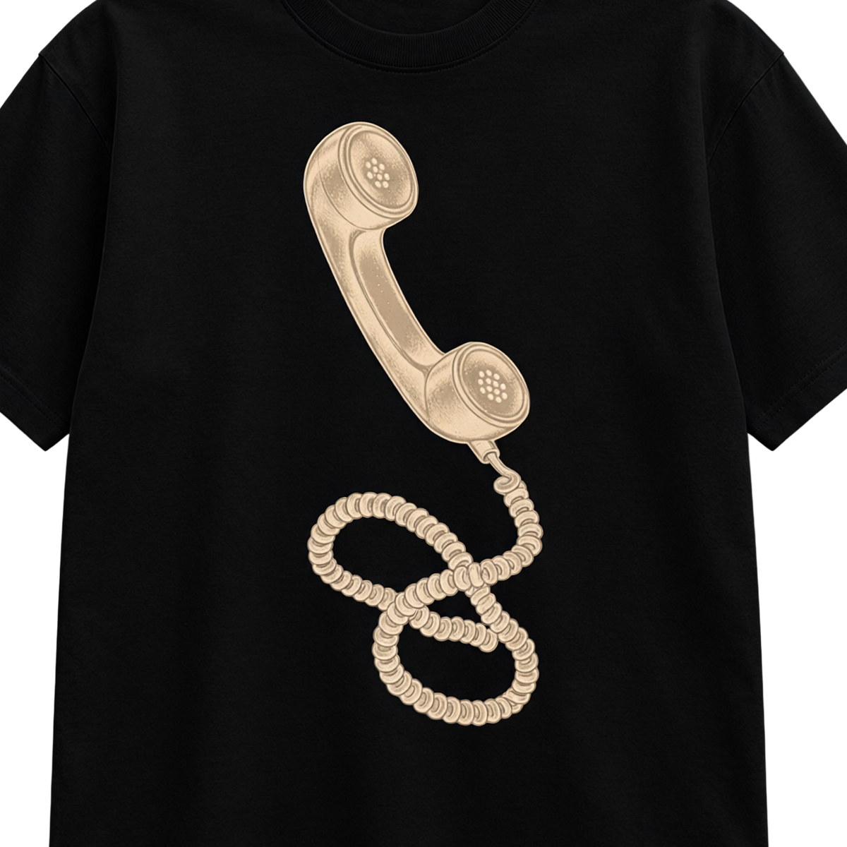 Detail crop of the Odd Habit Dial Tone black tee digital mockup, showing the ivory telephone handset and coiled cord. Not a production-sample photograph.