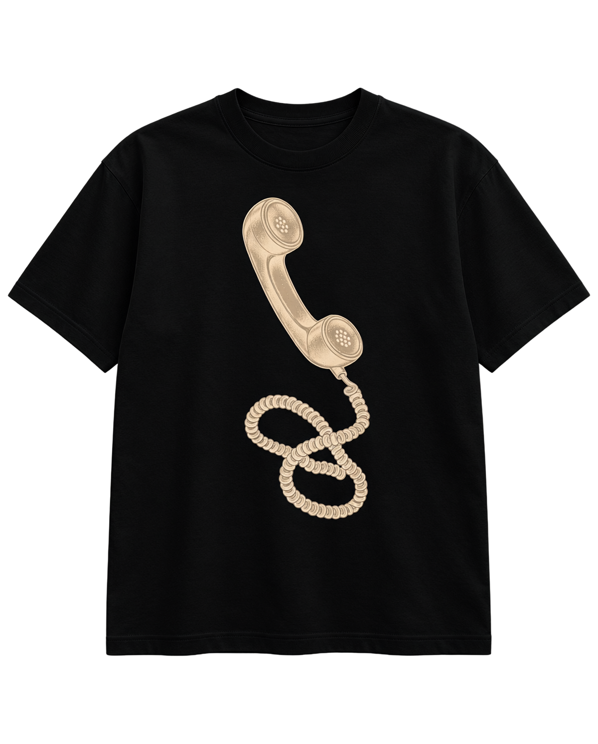 Odd Habit Dial Tone black graphic tee with an ivory telephone handset and looping cord illustration. Tag-free front digital mockup on a transparent background.