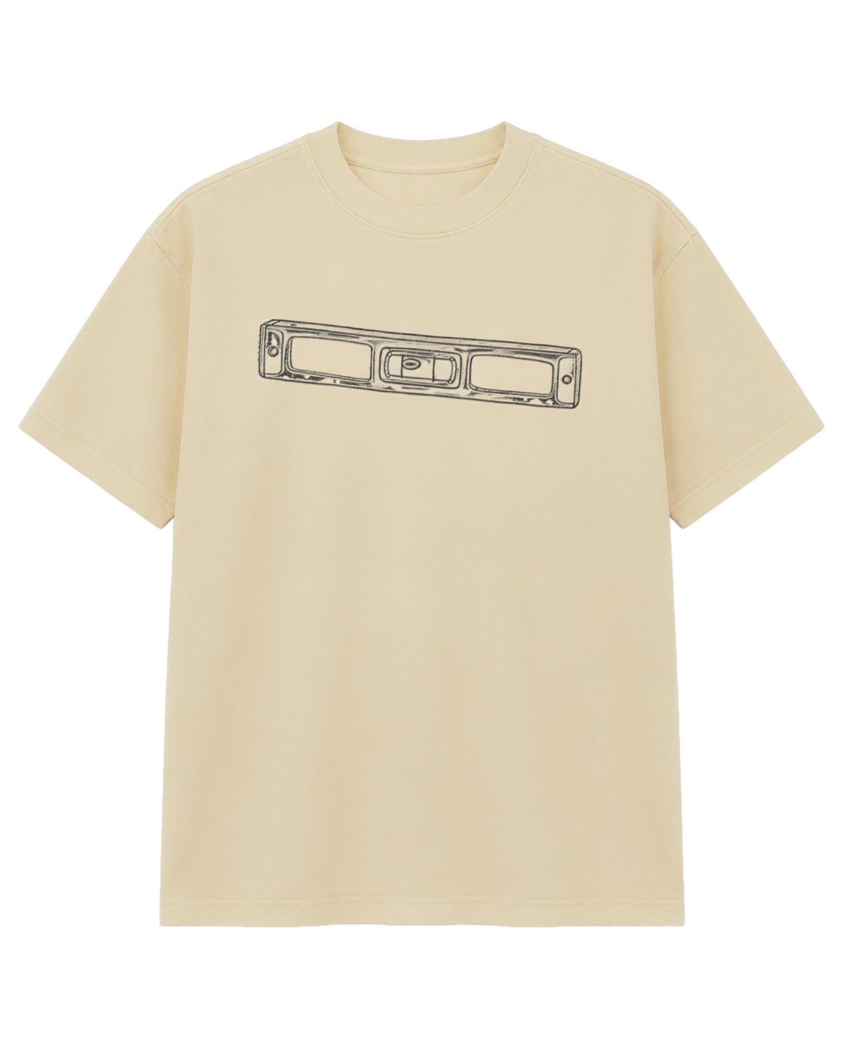 Odd Habit False Level warm cream graphic tee with a dark spirit-level illustration. Clean neckline and hem without labels; front digital mockup on a transparent background.