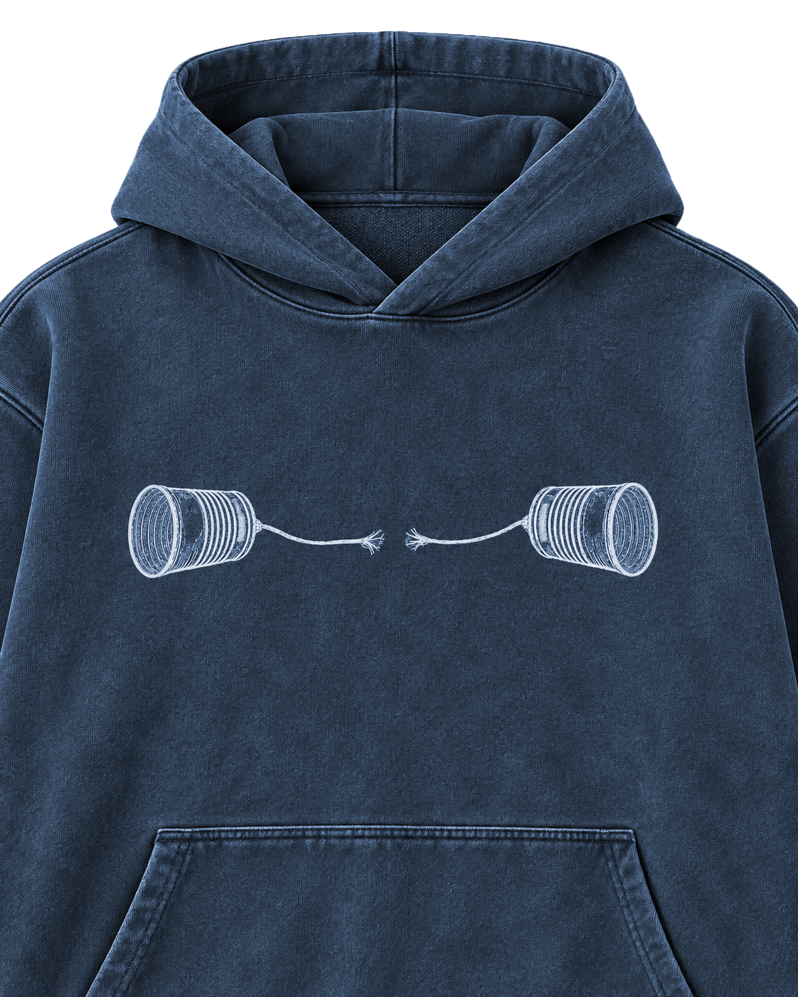 Close-up digital mockup of the Odd Habit Long Distance deep-blue hoodie, showing tin-can telephones separated by a broken string. Not a production-sample photograph.