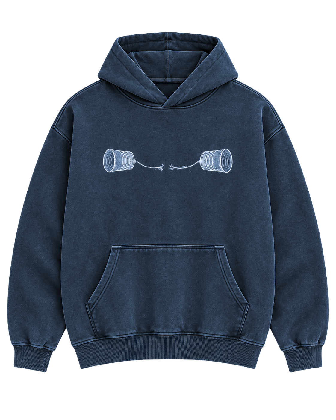 Odd Habit Long Distance deep-blue graphic hoodie with two tin-can telephones and a broken connecting string. Tag-free front digital mockup on a transparent background.
