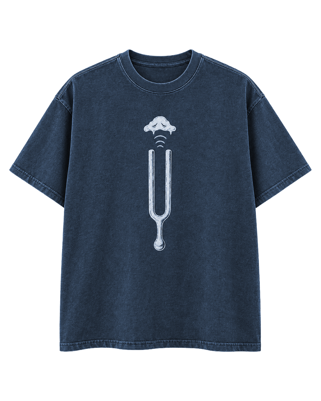 Odd Habit Low Frequency slate-blue graphic tee with a pale tuning fork, sound waves and a small cloud. Tag-free front digital mockup on a transparent background.