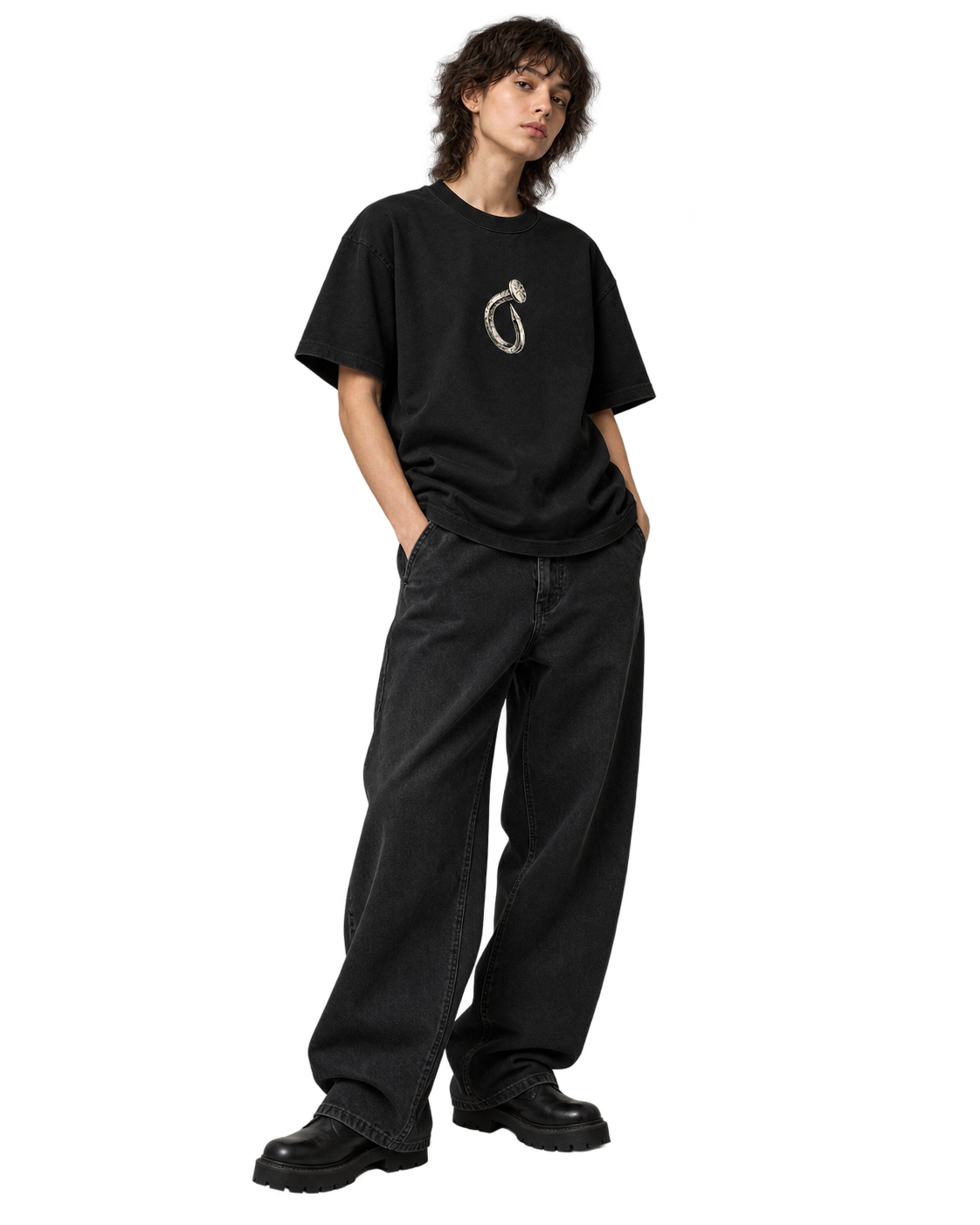 Model wearing Nothing to Hold Tee in Black, full-length view. Transparent AI-generated styling preview; fit and print scale are illustrative.