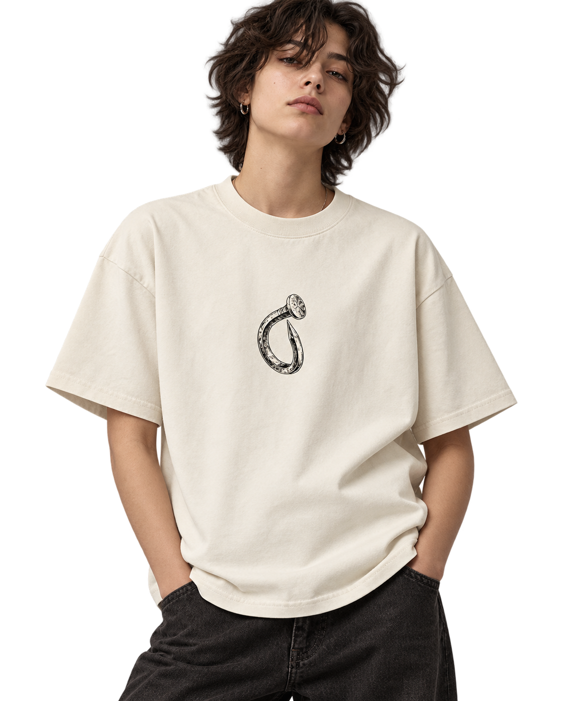 Model wearing Nothing to Hold Tee in Cream, closer front view. Transparent AI-generated styling preview; fit, color and print scale are illustrative.