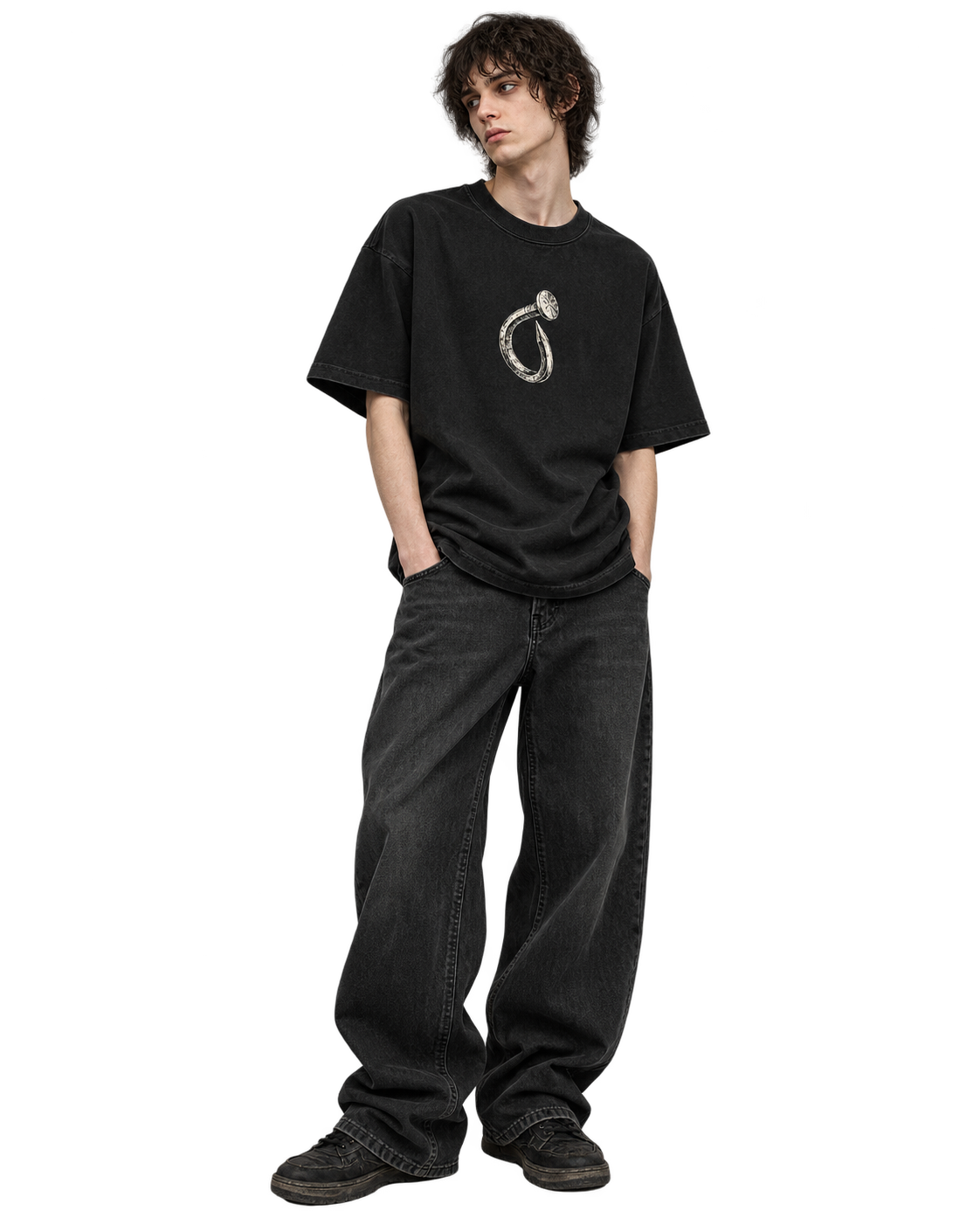 Model wearing Nothing to Hold Tee — Black color, transparent AI lookbook concept. Illustrative fit, wash and print scale.