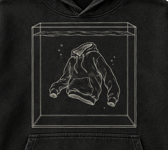 Still Air Hoodie in Charcoal — artwork detail cropped from the same mockup, not a production photograph.