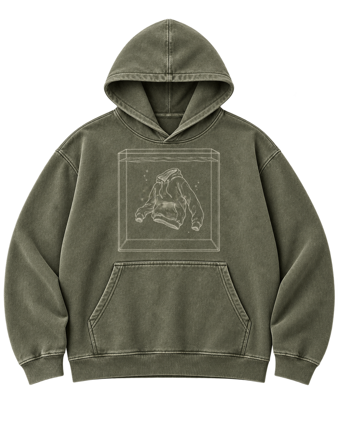 Still Air Hoodie in Olive — front digital concept mockup with the same aquarium illustration in cream ink; transparent background.