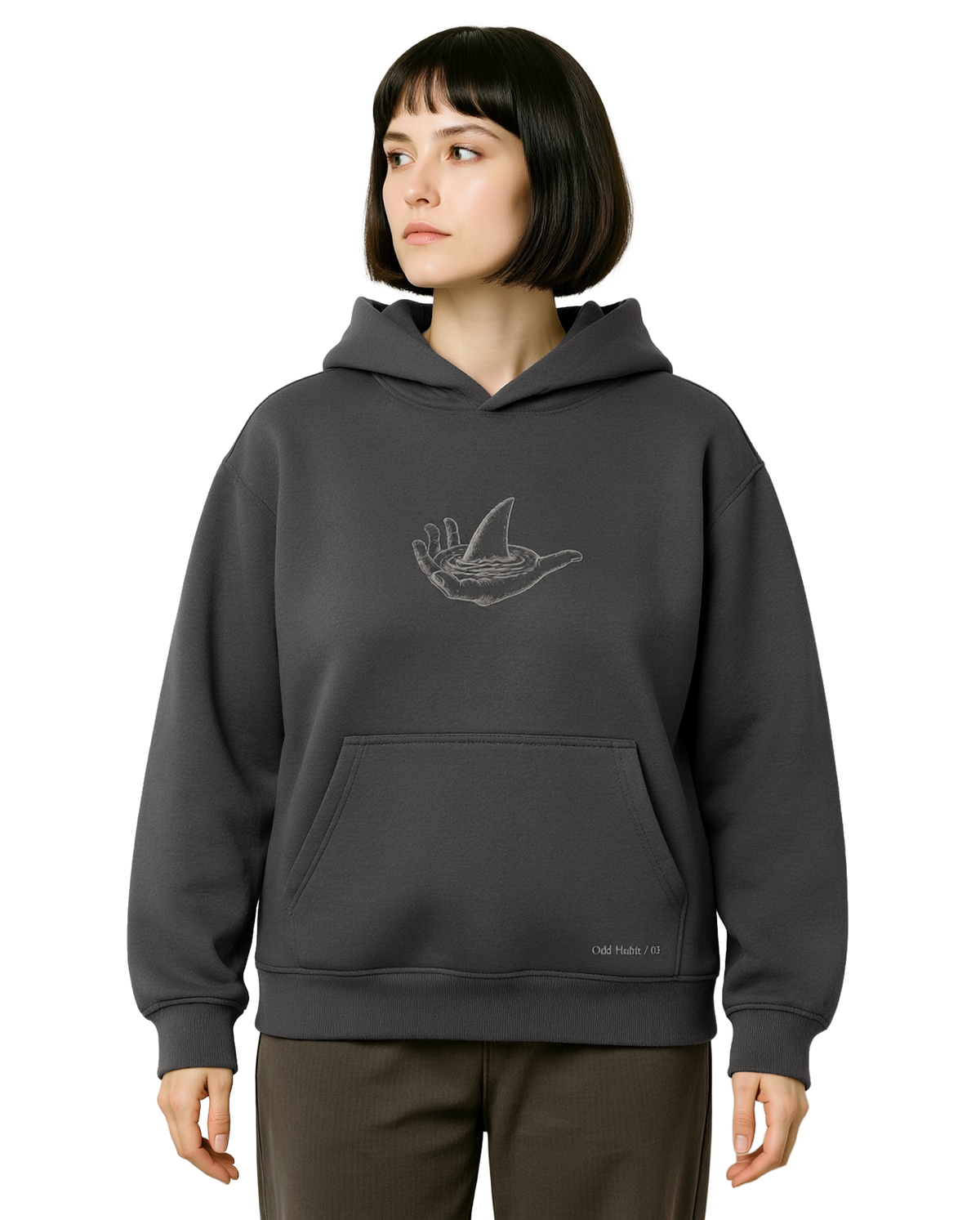 Model wearing Still Water Hoodie — transparent AI-generated styling mockup; illustrative fit, color and print scale.