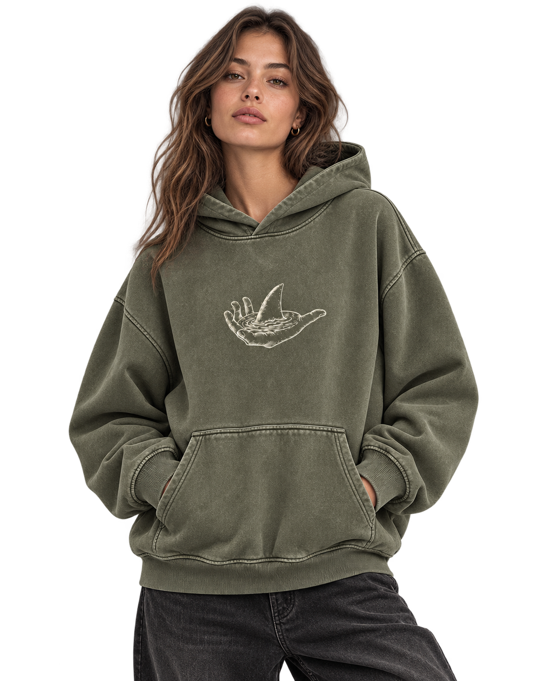 Model wearing Still Water Hoodie in Olive, closer front view. Transparent AI-generated styling preview; fit, color and print scale are illustrative.