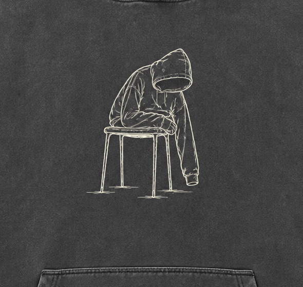 Vacant Seat Hoodie in Charcoal — artwork detail cropped from the same digital concept mockup. Not a production photograph.