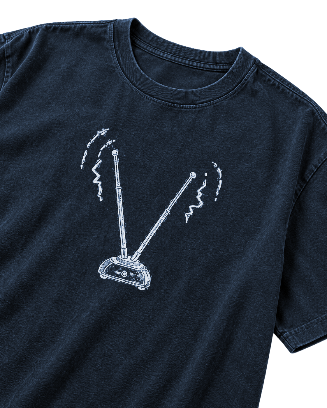 Angled close-up digital mockup of the Odd Habit Weak Reception deep slate-blue tee with rabbit-ear antennas and fragmented signal marks. Not a production-sample photograph.