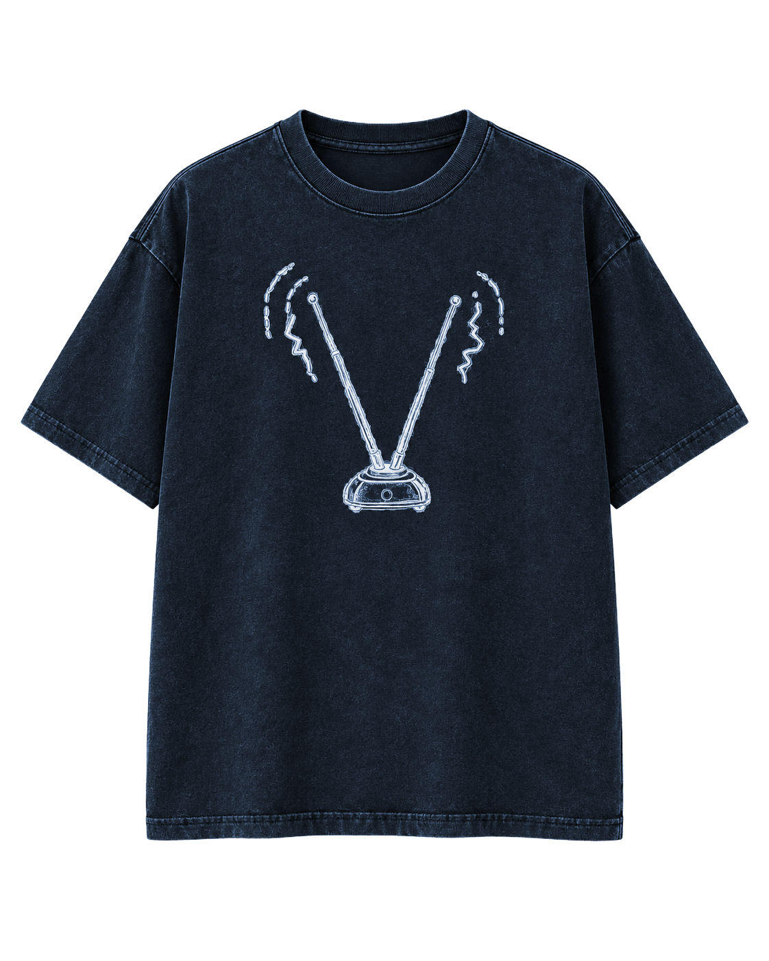 Odd Habit Weak Reception deep slate-blue graphic tee with rabbit-ear antennas and fragmented signal marks in pale ink. Tag-free front digital mockup on a transparent background.